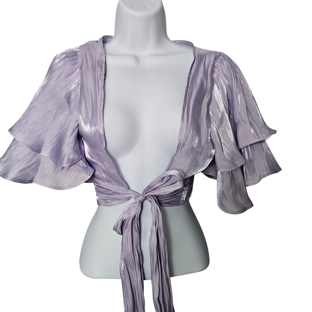 Lavender Metallic Tie Front Crop Top‎ S Ruffle Sleeve Fairycore Ethereal Womens